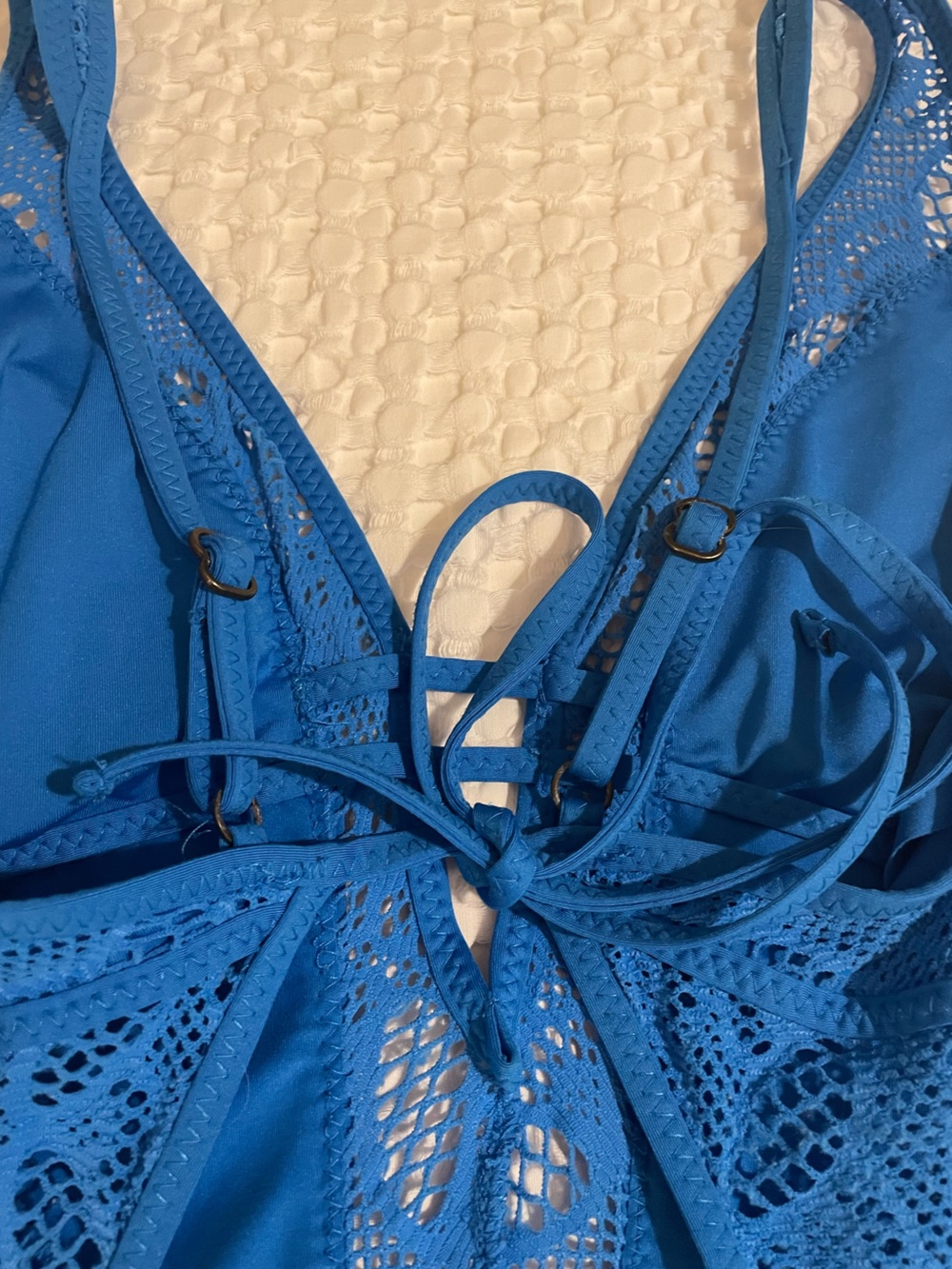 BECCA Blue Crochet One-Piece Swimsuit Size Large - Picture 4 of 5